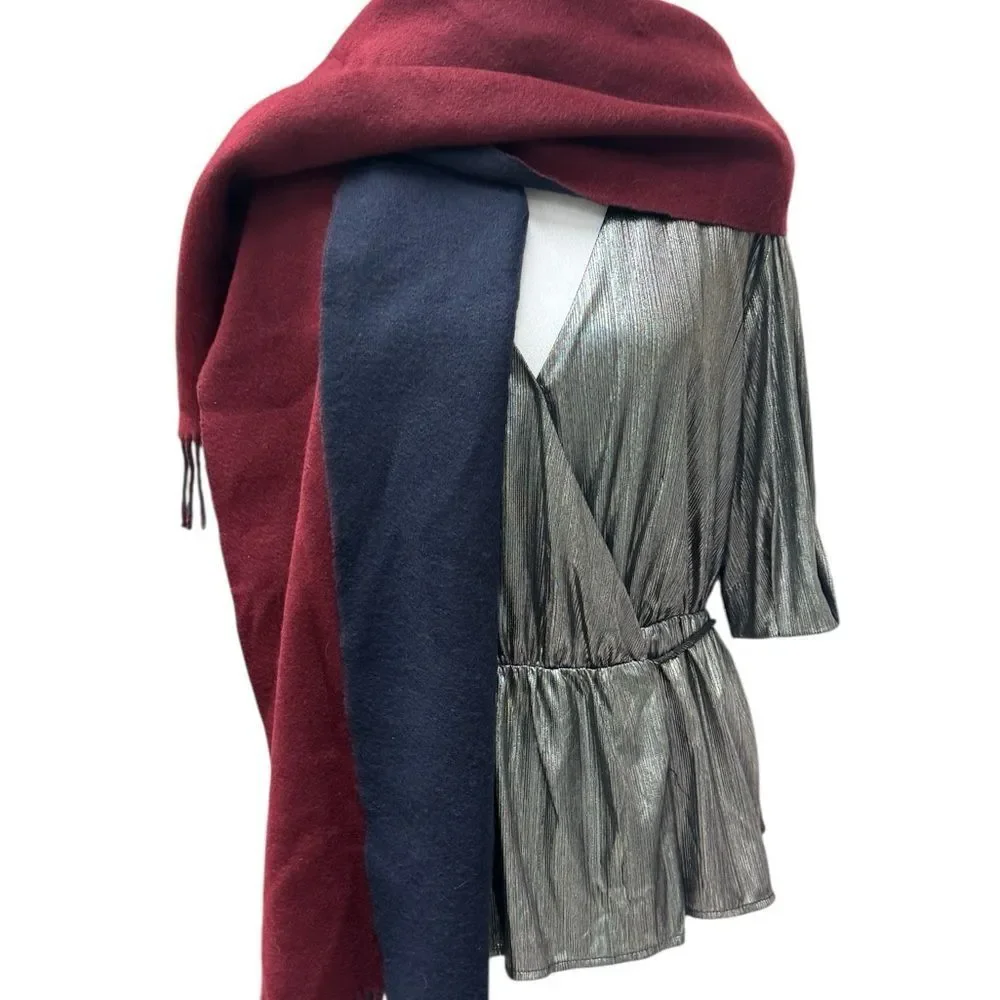 Hermes Bordeaux & Navy Blue 100% Cashmere Kasak Fringed Shawl Wrap Scarf Auth